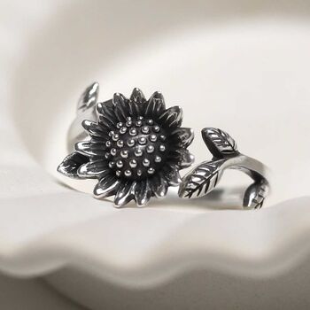 Sterling Silver Adjustable Oxidised Sunflower Ring, 6 of 11