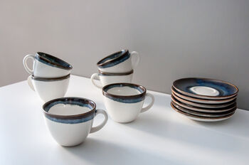 Navy Set Of Six Handmade Porcelain Tea Cup With Saucer, 10 of 11