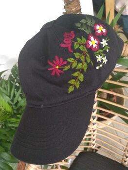 Black Cotton Cap With Hand Embroidered Flower, 2 of 5