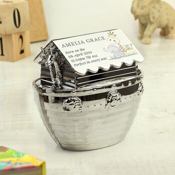 Personalised Baby Animals Noahs Ark Money Box – Baby Keepsake For Christening Or New Baby Gift, 3 of 5