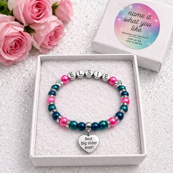 Personalised Big Sister Gift Bracelet. Name Kids Bracelet, 3 of 12