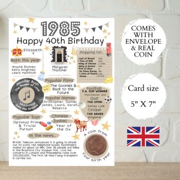 40th Birthday Card With 1985 Coin And Envelope Choose Your Colour, 2 of 3