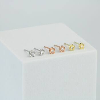 Sterling Silver Tiny Crystal Detail Flower Stud Earrings, 2 of 5