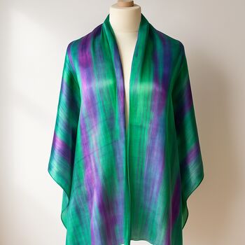 100% Mulberry Silk Scarf, Emerald Green Purple, Aurora Borealis, 9 of 10