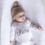 White Personalised Embroidered New Baby Name Long Sleeve Knitted Romper, thumbnail 3 of 12