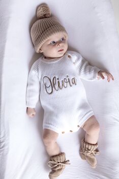 White Personalised Embroidered New Baby Name Long Sleeve Knitted Romper, 3 of 12