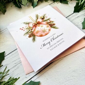 Personalised Christmas Card, Pink And Gold Bauble, 2 of 8