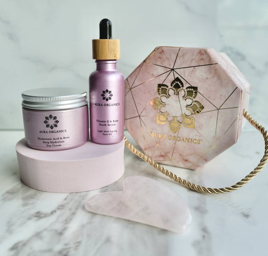 Vegan Beauty Gift Set With Gua Spa Tool By Aura Organics Cosmetics