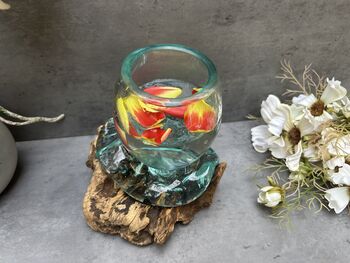 16cm Molten Glass Bowl On Teak Root Fruit And Nut Dish Wooden, 3 of 10