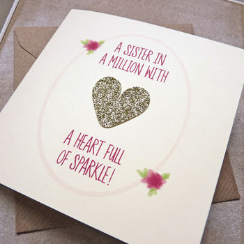 'Sister In A Million' Gold Glitter Heart Birthday Card, 2 of 5