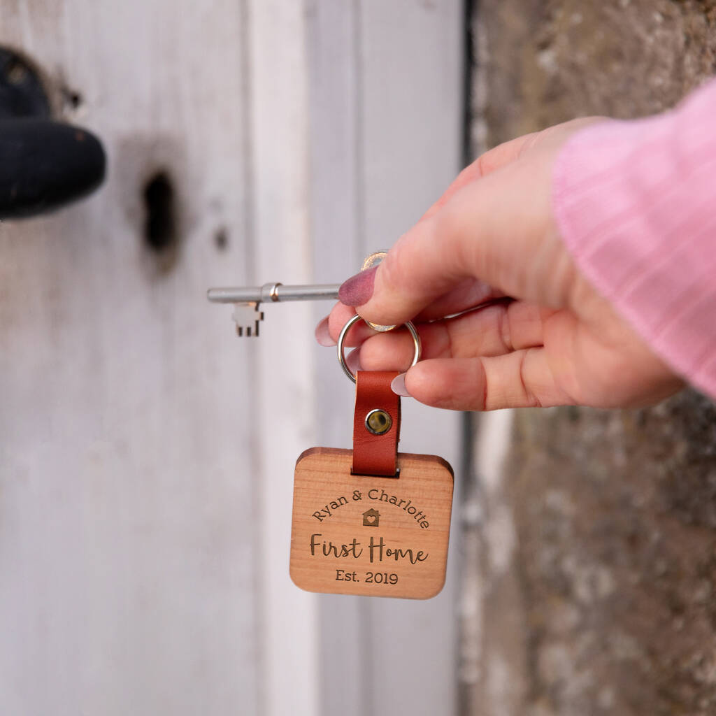 Image of Personalised First Home Wooden Keyring For Couples