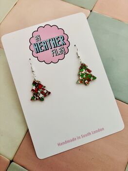 White, Red And Green Glitter Christmas Tree Resin Earrings / Traditional Christmas Gift / Secret Santa Gift, 8 of 9