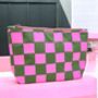 Small Cosmetic Bag Pink Checkered Pattern On Green, thumbnail 1 of 3