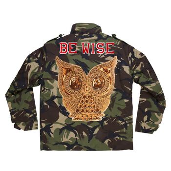 Gold Sparkly Owl Personalised Kids Camo Jacket, 4 of 8