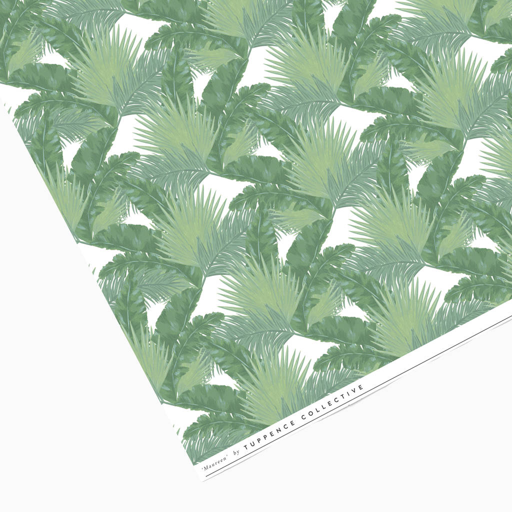 green tropical palm leaf mix wrapping paper by tuppence collective