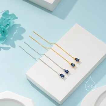 Sapphire Blue Droplet Cz Threader Earrings, 2 of 11