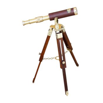 Custom Brass And Brown Leather Telescope With Wooden Tripod, 4 of 6