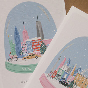 Set Of Three City Snow Globe Christmas Cards, 3 of 7