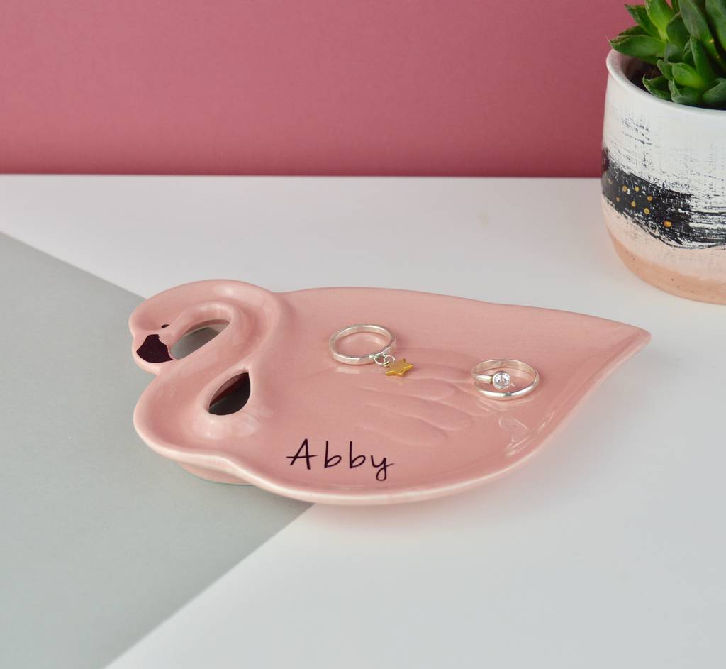 personalised pink flamingo jewellery dish by not a jewellery box