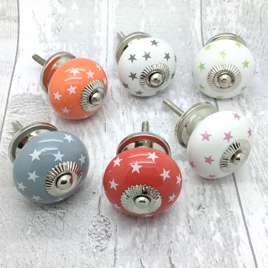 grey, orange, pink, green, red stars ceramic door knobs by g decor