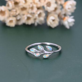 Sterling Silver Aqua Green Opal Olive Leaf Ring, 2 of 12