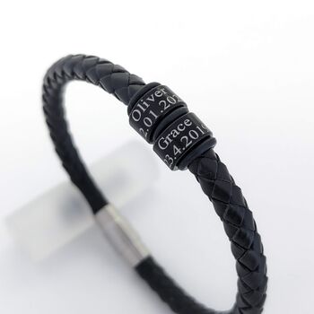 Mens Leather Bracelet With Black Personalised Rings, 2 of 5