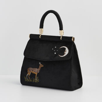 Deer And Moon Embroidered Black Velvet Tote, 4 of 8