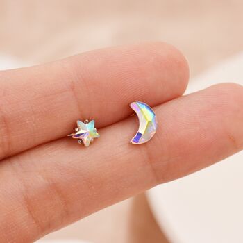 Sterling Silver Mismatched Moon And Star Aurora Crystal Stud Earrings, 3 of 12