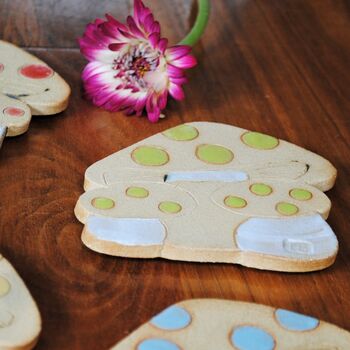 Ceramic Coasters Toadstool Mushroom With Green Dots, 3 of 5