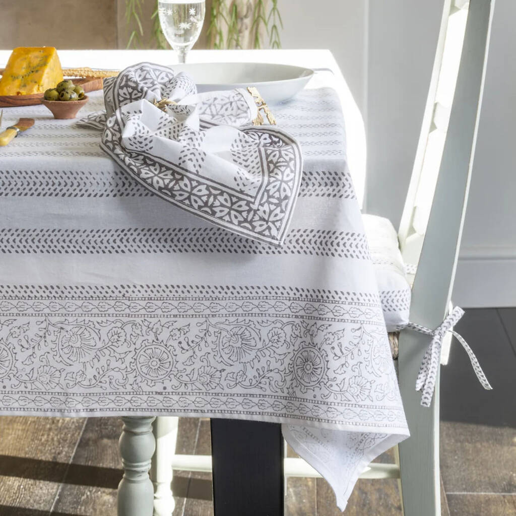 Misty Grey Cotton Hand Block Printed Tablecloth, 1 of 6