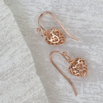 Rose Gold Filigree Heart Earrings, 3 of 3