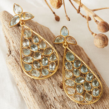 Aquamarine Gemstone Statement Earrings 18 K Gold Silver, 3 of 5