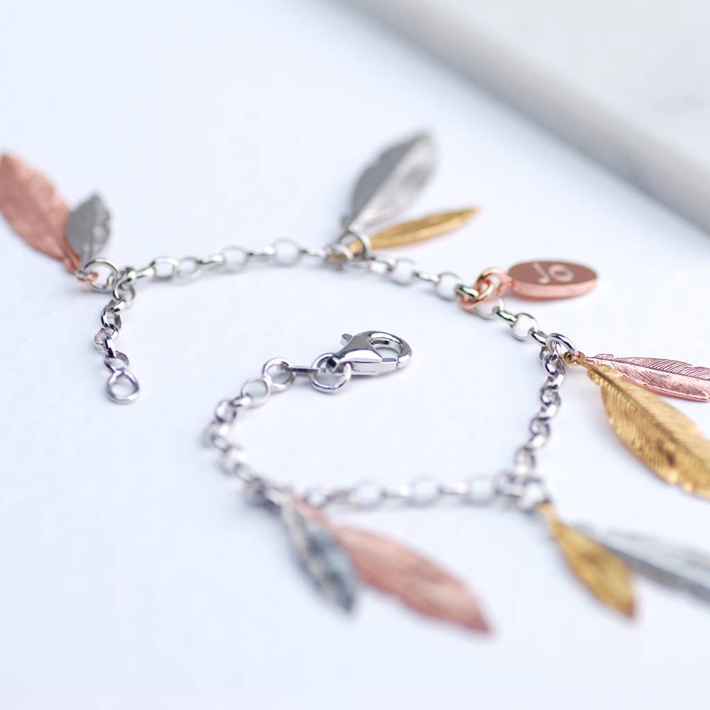 Multi Feather Bracelet By Penelopetom Notonthehighstreet Sterling Silver And Rose Gold Multi Feather Bracelet Clasp