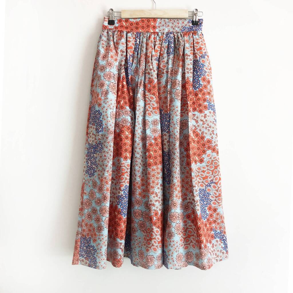Blue Floral Printed Cotton Midi Skirt, 1 of 5