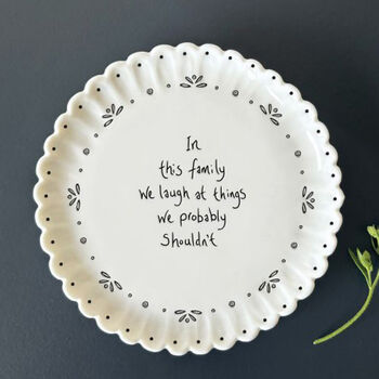 East Of India Porcelain Scallop Coaster Gift With Family Quote In This Family We Laugh At Things, 3 of 4