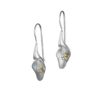 Molten Sterling Silver Lily Flower Drop Earrings, 3 of 7