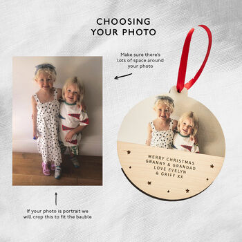 Personalised Wooden Photo Christmas Bauble Message, 3 of 4