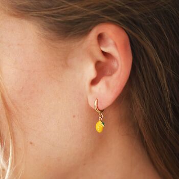 Enamel Lemon Huggie Hoop Earrings In Gold Plating, 2 of 7