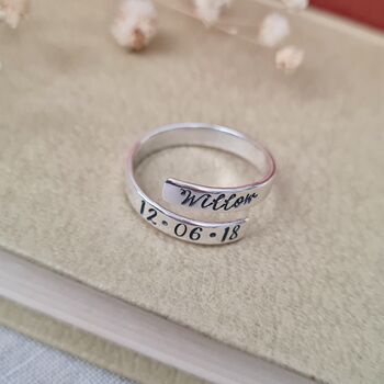 Personalised Name And Date Adjustable Silver Ring, 7 of 8