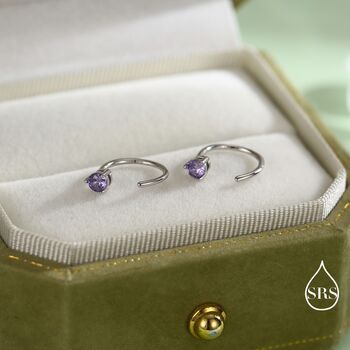 Lilac Amethyst Purple Crystal Huggie Hoop Threader Earrings In Sterling Silver, 3 of 11