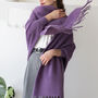 Feather Trim Sleeved Pile Weave Soft Blanket Poncho, thumbnail 4 of 9