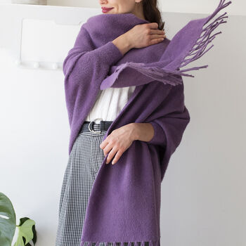 Feather Trim Sleeved Pile Weave Soft Blanket Poncho, 4 of 9