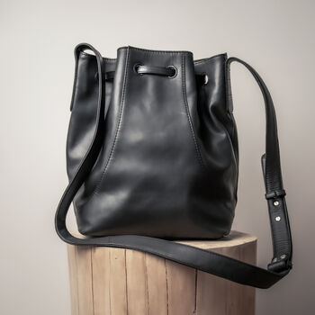 Resa Drawstring Bucket Bag: Black Leather, 5 of 10