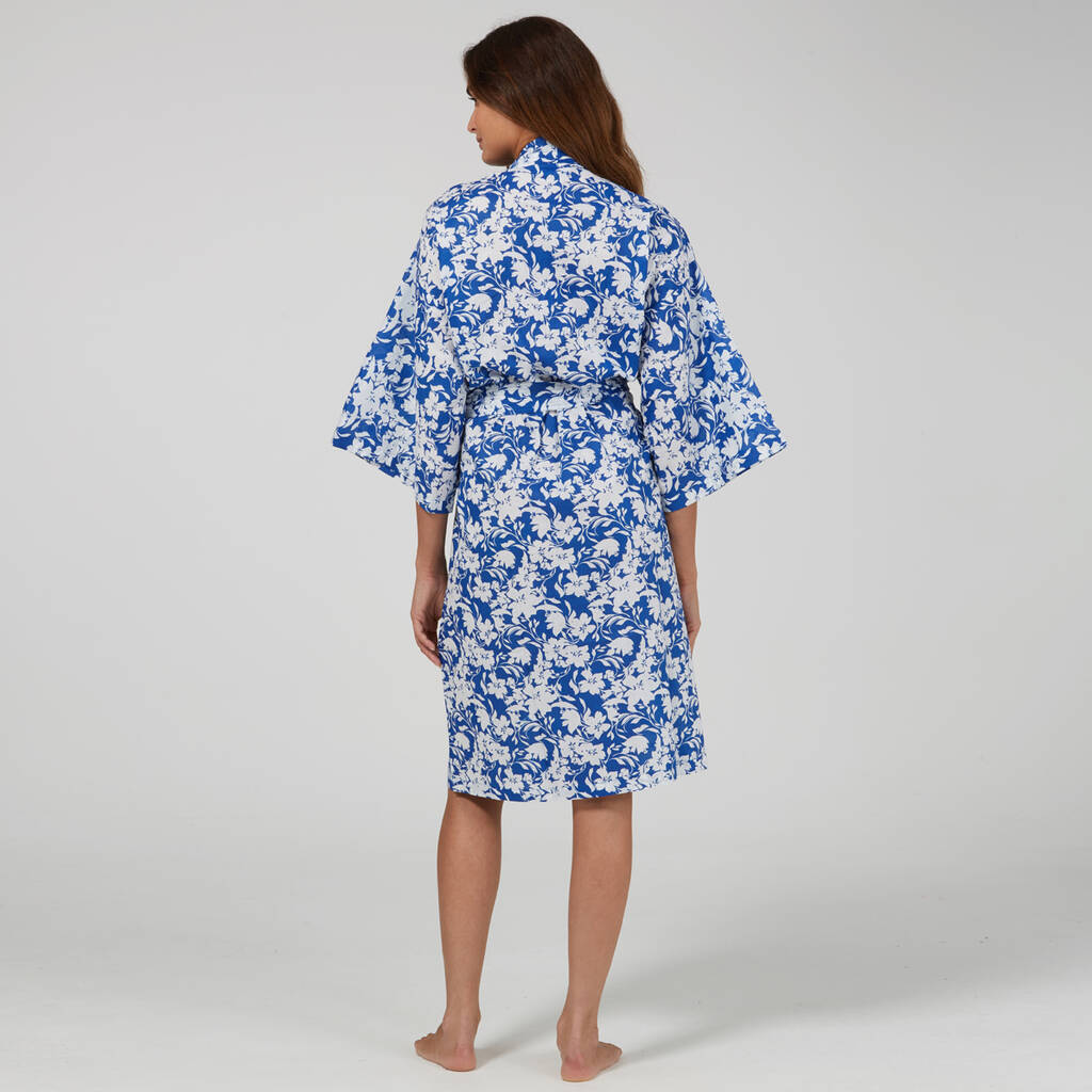 Cotton Wrap Kimono In Blue Tropical Print By Caro London