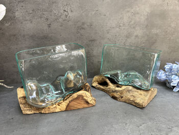 16cm Molten Glass Square Bowl On Teak Root Base, 4 of 12