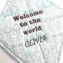 Welcome To The World, Hanging Fabric Kite, Turquoise Cotton With Baby Animal Print And Four Fabric Bows, thumbnail 2 of 11