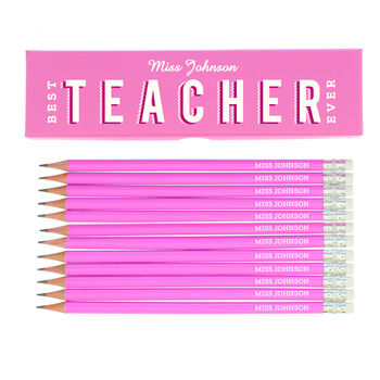 Personalised ‘Best Teacher Ever’ Pencil Box With 12 Pink Hb Pencils – Teacher Gift, 3 of 3