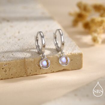 Sterling Silver Dangle Moonstone Huggie Hoop, 3 of 11