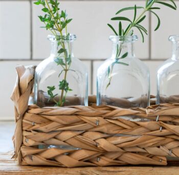 Neutral Straw Basket With Three Glass Bottles Vases, 4 of 5