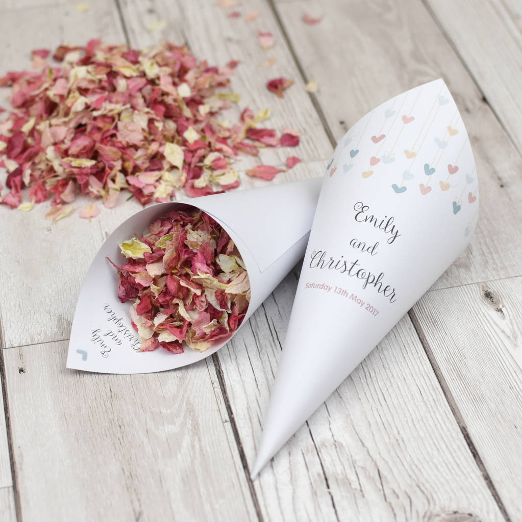 Hearts Personalised Wedding Cones With Confetti By Shropshire Petals